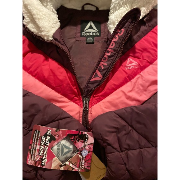 Reebok Sherpa Hooded Retro Chevron Jacket Size Med * Bright Pink Colors WOM104 - Picture 5 of 6